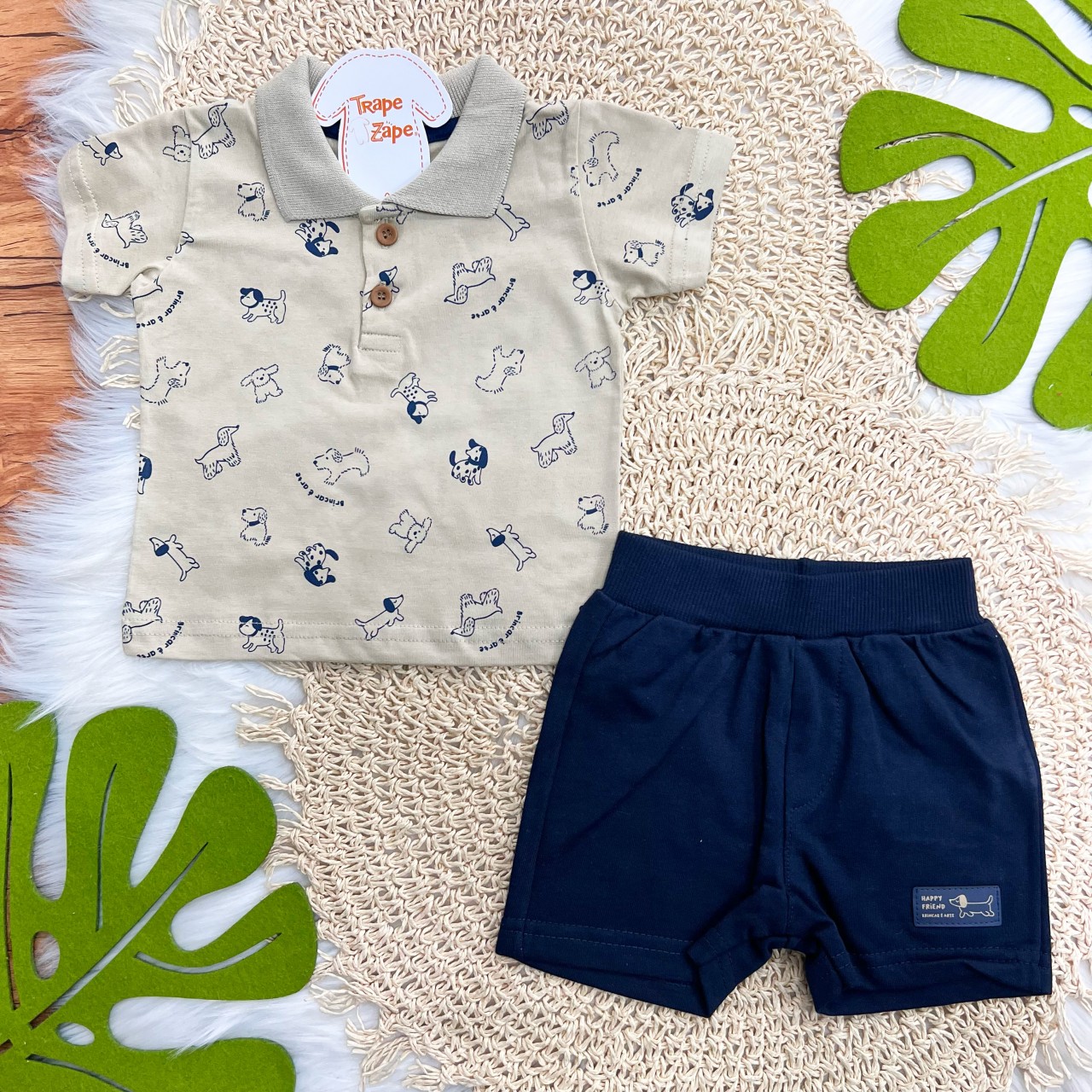 Conj. Camiseta Gola Polo Happy Friend e Bermuda - Areia e Marinho